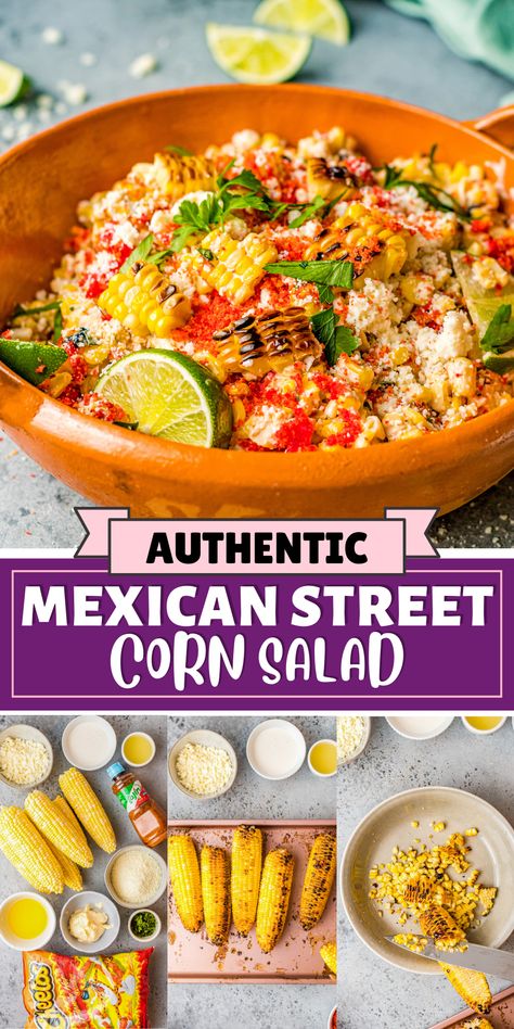 Mexican Corn Salad (Esquites) is made with crisp sweet corn in a creamy sauce. It’s topped with tangy queso fresco, fresh cilantro, and crushed hot Cheetos, for a fun and addictive side dish! Mexican Street Corn Hot Cheetos, Corn Esquites, August Meals, Chorizo Recipes Dinner, Mexican Style Corn, Dinner Mexican, Street Corn Salad, Mexican Corn Salad, Chorizo And Eggs