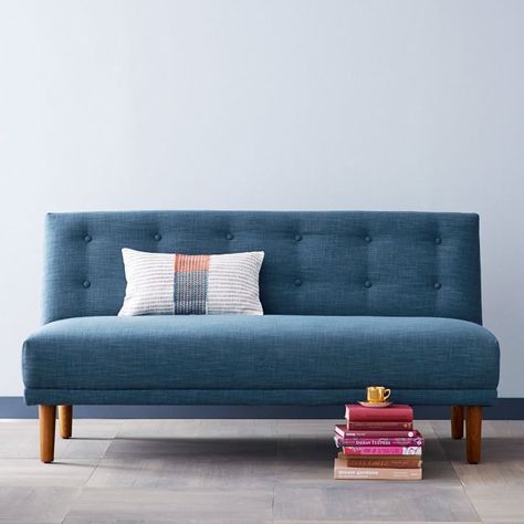 Rounded Retro Armless Sofa Armless Couch, Colorful Couch, Sofa Linen, Couch Styling, Office Mural, Coffee Area, Blue Couch, Dining Banquette, Basement Reno