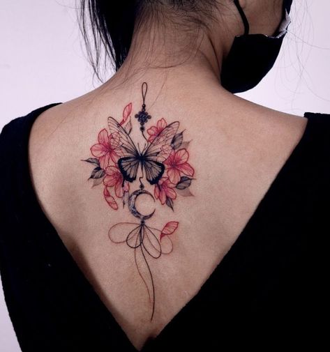 Tattoo Papillon, Back Tattoo Women Spine, Wörter Tattoos, Butterfly With Flowers Tattoo, Butterfly Back Tattoo, About Butterfly, Small Butterfly Tattoo, Flower Tattoo Back, Butterfly Tattoos For Women