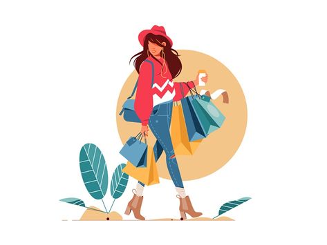 Woman holding packages after shopping by Kit8 Spring Illustration, Flat Design Illustration, Winter Illustration, Summer Illustration, Autumn Illustration, Girl Illustration, Woman Illustration, Art Et Illustration, Love Illustration