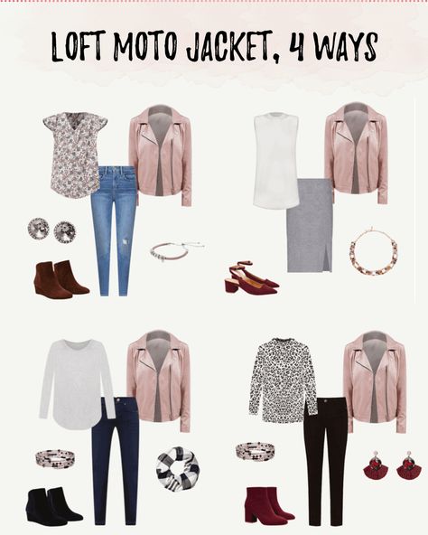 4 ways to style loft faux suede pink mauve moto jacket on pinteresting plans blog Pink Faux Leather Jacket Outfit, Moto Jacket Outfit Dressy, Pink Leather Jacket Outfit, Suede Moto Jacket Outfit, Faux Leather Jacket Outfit, Pink Jacket Outfit, Motorcycle Jacket Outfit, Biker Jacket Outfit, Pink Suede Jacket