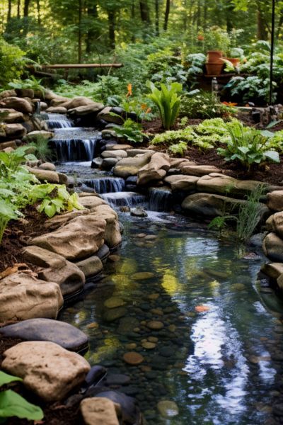 How To Build A Backyard Stream - Water Garden Advice Backyard Water Stream, Sloped Backyard Garden Ideas, How To Build A Creek, River Water Feature, Garden Stream Water Feature, Cottage Garden Pond Ideas, Backyard Waterfall And Stream, Pond Stream Ideas, Waterfall Stream Backyard