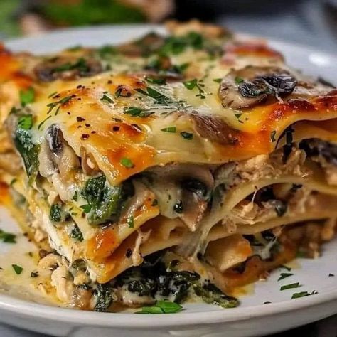 Mushroom Spinach Lasagna, Chicken Mushroom Spinach, Mushroom And Spinach Lasagna, Mushroom Lasagna Recipe, Spinach Lasagna Recipe, Spinach Mushroom Lasagna, Mushroom Lasagna, Chicken Shredded, Mushroom Spinach