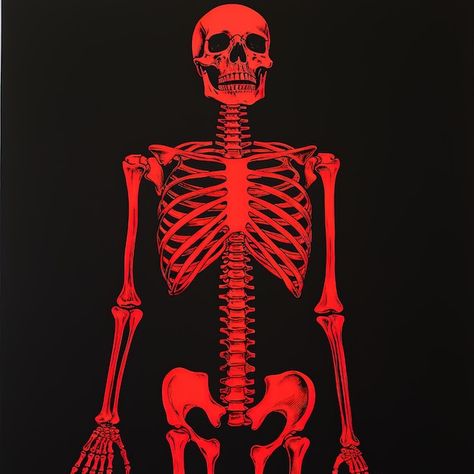 a drawing of a skeleton with a red body and a black background