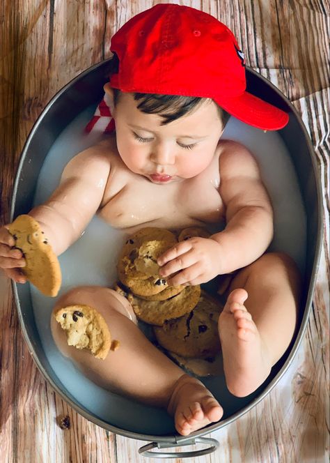 Cookies and milk photo shoot   Baby photoshoot #cookiesandmilk #babyphotography #babyboy #1stbirthday #cutebaby #chubbybear #chocolatechipcookies Milk And Cookies Baby Photo Shoot, Milk And Cookies Bath Photo Shoot, Boy Milk Bath Photoshoot, Cookies And Milk Photoshoot, Milk Bath Photography Baby Boy, Milk And Cookies Photo Shoot, Birthday Photoshoot Ideas Boys, Milk Photo, Baby Milk Bath