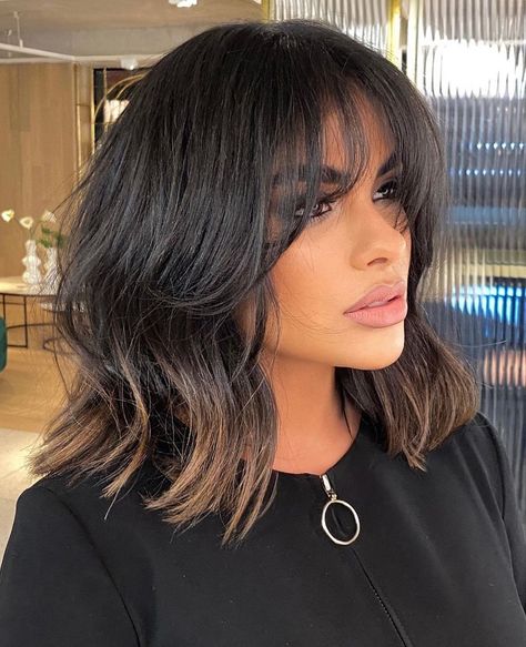 Natural Brunette with Frosted Tips Curly Lob Haircut, Long Lob Haircut, Bangs And Balayage, Lob Haircut Layered, Short Dark Hair, Lob Hairstyle, Lob Haircut, Trendy Hairstyle, 90s Vibes