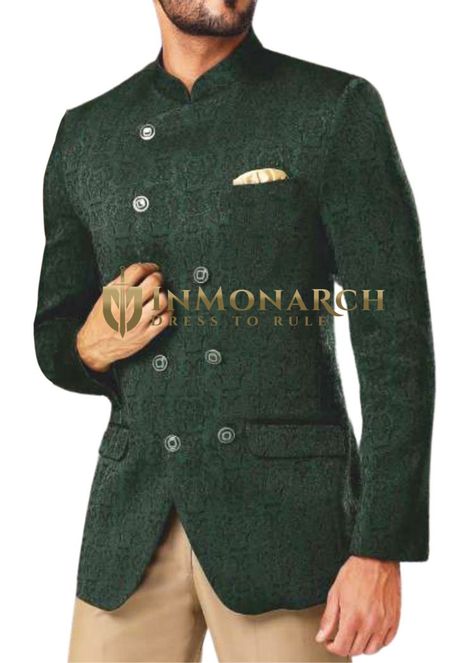 Mandarin collar 5 button jodhpuri jacket made from dark green color jacquard polyester fabric. Pant is only shown for Modelling purpose and it not included in the cost. Green Jodhpuri, Jodhpuri Suits For Men, Dark Green Color, Nehru Jacket, Nehru Jackets, Sport Coats, Sports Blazer, Casual Blazer, Mens Casual