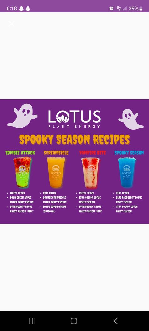 October Lotus Drinks, Halloween Lotus Energy Drinks, Fall Lotus Drinks, Halloween Lotus Drinks, Blue Lotus Energy Drink Recipes, Lotus Energy Drink Combinations, Lotus Energy Drink Recipes, Lotus Drink Recipes, Lotus Energy Drink Flavors