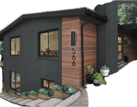 Front Of House Wood Accents, Small Black House Exterior, Black House With Wood Accents, Black House Exterior Wood Accents, Nichiha Panels, Black Brick House Exterior, Dark Exterior House Colors, Xeriscape Ideas, Natural Wood Accents