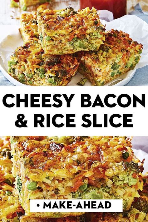 Lunchbox Slice, Bacon Rice, Vegetable Bake Recipes, Slice Recipes, Savoury Tarts, Savoury Slice, Veggie Rice, Night Sketch, Healthy Slice