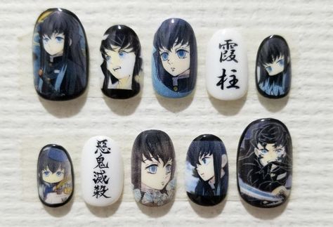 Demon Slayer Nails Muichiro, Muichiro Nails, Anime Nail Art, Painted Acrylic Nails, Idol Nails, Anime Nail, Disney Acrylic Nails, Band Nails, Punk Nails