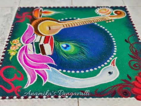 #Saraswatipooja #vasantpanchamiramgoli #peacockrangoli Dhanvantari Rangoli, Gauri Poojan Rangoli, Gauri Pujan Rangoli, New Year Rangoli Design 2024 Unique, Kartik Purnima Rangoli, Vasu Baras Rangoli, 2024 Rangoli, God Rangoli, Ready Rangoli