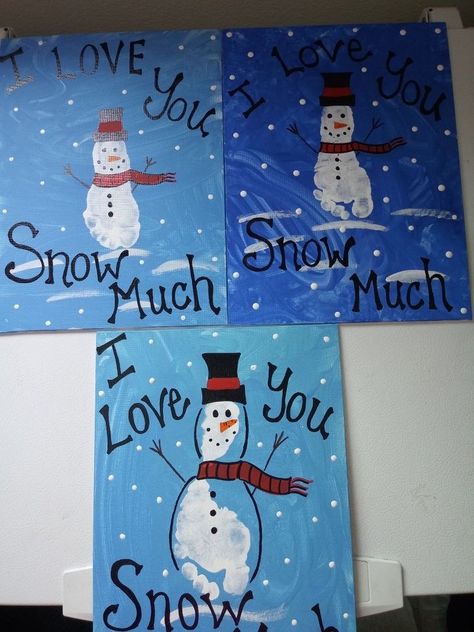 Baby Foot Print Art Winter, One Year Old Winter Crafts, Christmas Kid Painting Crafts, Christmas Canvas Paintings Preschool, Snowman Crafts For Infants, Toddler Snowman Art, Preschool Holiday Crafts For Parents, Christmas Art Projects For Infants, Christmas Arts And Crafts For Infants