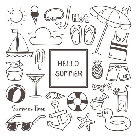 Cute Summer Drawings Easy, Summer Drawing Ideas, Summer Doodles, Summer Drawings, Arte Doodle, Bujo Doodles, Zestaw Ikon, Free Icon Set, Drawing Doodles