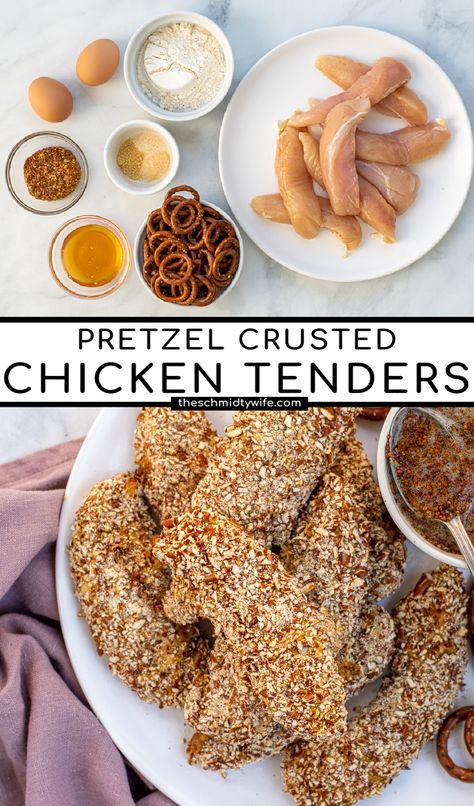 A great weeknight family meal, Pretzel Crusted Chicken Tenders. Make these fun and delicious chicken tenders the whole family will love in under 30 minutes! Pretzel Chicken Tenders | Pretzel Chicken Fingers | Baked Chicken Tenders | Chicken Dinner Ideas | Chicken Fingers Panko Crusted Chicken Tenders, Pistachio Crusted Chicken, Pretzel Chicken, Pretzel Crusted Chicken, Chicken Fingers Baked, Panko Crusted Chicken, Crusted Chicken Tenders, Chicken Tenders Recipe, Coconut Baking