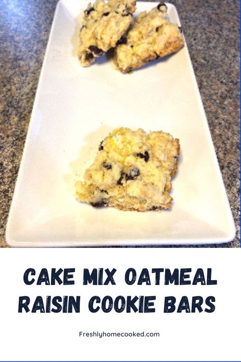 Oatmeal raisin cookie bars made from a box of cake mix. Cake Mix Oatmeal Raisin Cookies, Vanilla Cake Mix Recipes, Instant Oatmeal Recipes, Oatmeal Raisin Bars, Soft And Chewy Oatmeal Cookies, Homecooked Recipes, Sugar Free Oatmeal, Chewy Oatmeal Cookies, Cake Mix Cookie Bars