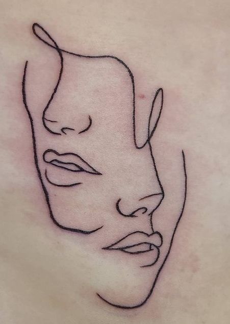 Linework Face Tattoo, Simple Linework Tattoos, Two Face Tattoo, Linework Tattoo Design, Sketch Portfolio, Linework Art, Continuous Line Tattoo, Tattoos 2024, Minimalistic Tattoos