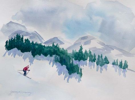 Ski Card, Skiing Art, Ski Pictures, Ski Art, Winter Watercolor, Winter Painting, Watercolor Mountains, Acrylic Painting For Beginners, Mountain Paintings