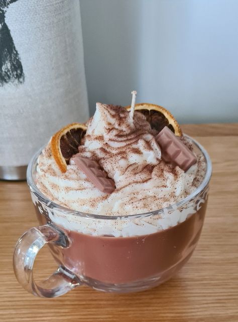 Orange Hot Chocolate, Hot Chocolate Candle, Chocolate Scented Candles, Chocolate Candle, Orange Chocolate, Homemade Candles, Autumn Gifts, Glass Mug, Christmas Candles