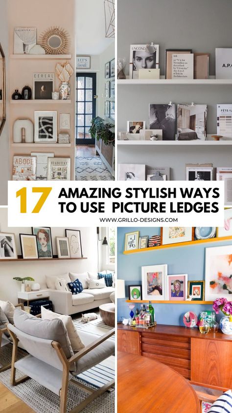 Picture Ledge In Office, Frame Ledge Wall, Eclectic Photo Shelf, Pictures Ledge Ideas, Picture Ledge Corner, Ikea Picture Ledge Behind Sofa, Living Room Photo Shelves, Mosslanda Picture Ledge Living Rooms, Shelf For Photos Picture Ledge