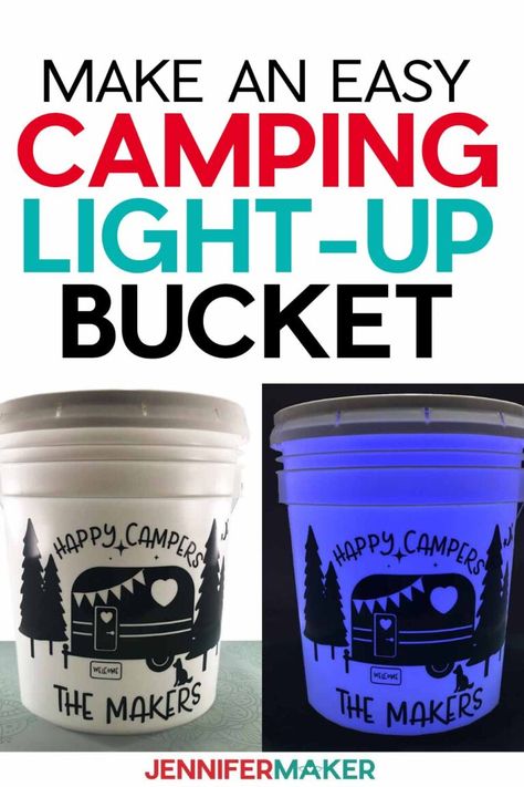 Learn how to make this easy Camping Light Bucket #cricut #vinyl #freesvg Camping Buckets With Lights, Camping Lights Diy, Camping Projects, Lights Diy, Camping Hacks Diy, Bucket Light, Camping Decor, Easy Camping, Diy Camping