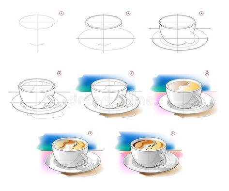 Food Watercolor Step By Step, Cup Sketch Drawings, Easy Watercolor Coffee Cup, Watercolour Coffee Cup, Coffee Watercolor Painting Easy, Cup Of Coffee Watercolor, How To Draw A Cup Of Coffee, Tea Cup Watercolor Painting, Coffee Cup Watercolor Painting