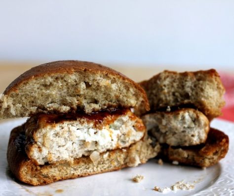 Goat Cheese Stuffed Turkey Burgers with Tangy Peach BBQ Sauce Healthy Turkey Burgers, Stuffed Turkey Burgers, Goat Cheese Burger, Peach Bbq, Cheese Patties, Cheese Turkey, Stuffed Turkey, Turkey Burger Recipes, Ambitious Kitchen