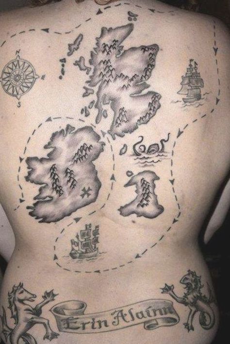 Pirate Map Tattoo, Tattoo Pirate, Pirate Tattoos, Pirate Ship Tattoos, Nautical Tattoos, Pirate Map, People Falling, Cool Back Tattoos, Map Tattoo