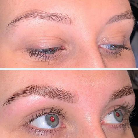 Brow lamination is basically a perm for your eyebrows! It takes your unruly or thinning brow hair and smoothes it out while also lifting the hair in a more vertical sweeping direction. The end result is super smooth brows that look like you have brow gel on them.  This is a noninvasive, temporary, but impactful way to improve your brows in an affordable way. It's also a great addition to microblading or even an alternative if you are hesitant to go under the blade. Light Brown Eyebrows, Maquillage Halloween Simple, Eyebrow Before And After, Eyebrows Goals, Eyelash Lift And Tint, Eyebrow Lamination, Eyebrow Lift, Light Brow, Brow Styling