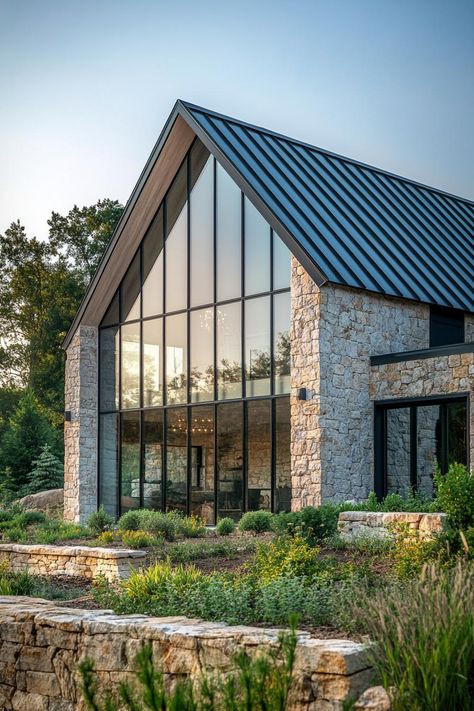 60 Modern Stone Barn Houses That Blend Rustic and Sleek Country Bungalow, Barndominium Houses, Barn Houses, Square Windows, Lakefront Property, Suburban House, Brick Exterior, Brick Exterior House, Stone Barns