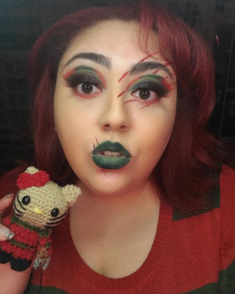 A Nightmare on elm Street Freddy Krueger Glam makeup look hello kitty Glam Freddy Krueger Makeup, Freddy Kruger Make Up Diy, Freddy Krueger Inspired Makeup, Halloween Makeup Freddy Kruger, Simple Freddy Krueger Makeup, Freddy Krueger Makeup Women Easy, Easy Freddy Krueger Makeup, Freddy Kruger Make Up, Freddy Krueger Makeup