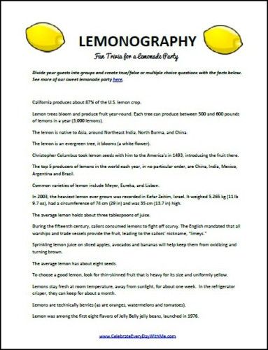 Lemon trivia - use it for a game at your summer lemonade party.    Some of these facts are very interesting!! National Lemonade Day, Ladies Luncheon Games, Lemon Games, Lemon Activities, Lemon Game, Lemon Classroom, Womens Event, Games For Senior Citizens, Lemon Puns