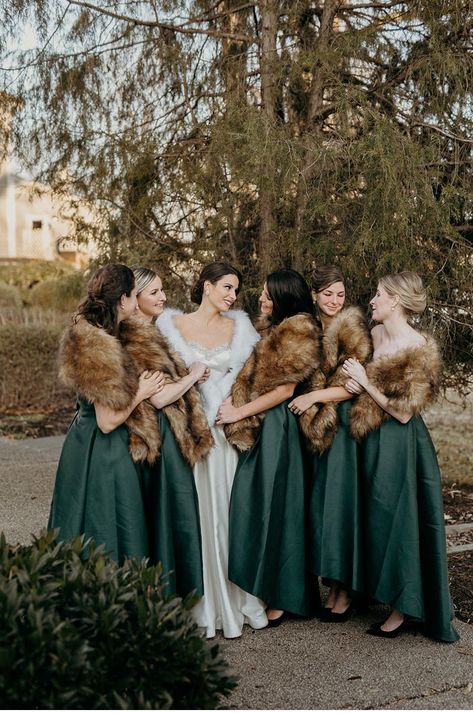 fur shawls <3     Cozy Winter Wedding with Emerald Greens & Pinecones || Eastern Shore, Maryland || Victoria Selman Photographer Winter Wedding Fur, Winter Wedding Bridesmaids, Emerald Green Bridesmaid Dresses, Winter Bridesmaids, Winter Bridesmaid Dresses, Wedding Fur, Earthy Wedding, Emerald Green Weddings, Viking Wedding