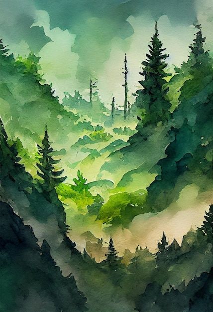 Watercolor Environment Art, Nature Themed Paintings, Watercolor Forest Background, Forest Drawing Background, Forest Aesthetic Drawing, Pine Forest Drawing, Forest Aesthetic Painting, Nature Pictures Drawing, Akvarel Painting