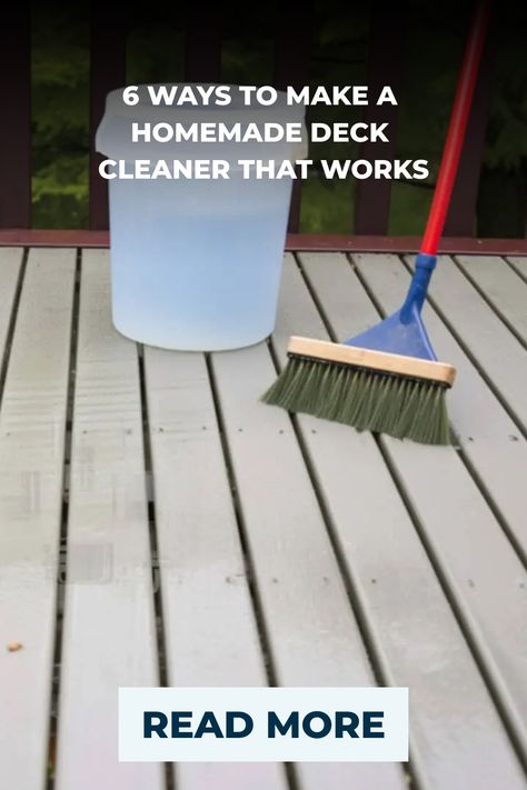 These homemade deck cleaner recipes let you clean your deck with household ingredients like oxygen bleach and dish liquid. For wood and composite decks. Deck Washing Solution, Diy Deck Cleaner Wood, Deck Wash Recipe, Deck Cleaner Homemade, Clean Deck Without Power Washer, Deck Cleaning Solution Diy, How To Clean Composite Decking, Cleaning Trex Decking, Diy Deck Cleaner