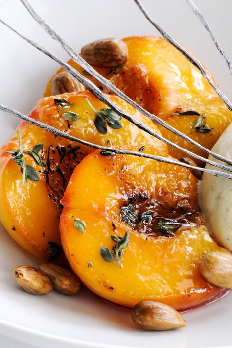 Roasted Peaches, French Foods, Baked Peach, Peach Ice Cream, Great British Chefs, Peach Desserts, Sweet Like Candy, Dessert Plating, Peach Recipe