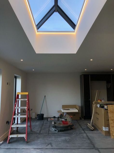 Lantern LED strip and some downlights on Henley extension Kitchen Extension With Roof Lantern, Lantern Roof Extension, Strip Lighting Ceiling, Orangery Extension Kitchen, Lantern Roof Light, Rear Kitchen Extension, Flat Roof Skylights, Flat Roof Extension, Roof Skylight