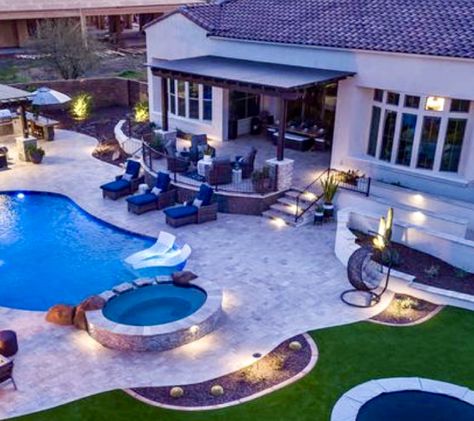 House With Pool In Front Yard, Dream Backyard Layout, Family Friendly Pool Design, Pool With Patio Ideas, Large Yard Landscaping Layout With Pool, Awesome Backyard Ideas With Pool, Pool And Playground Backyard, Pool And Patio Design, Pretty Backyards With Pool