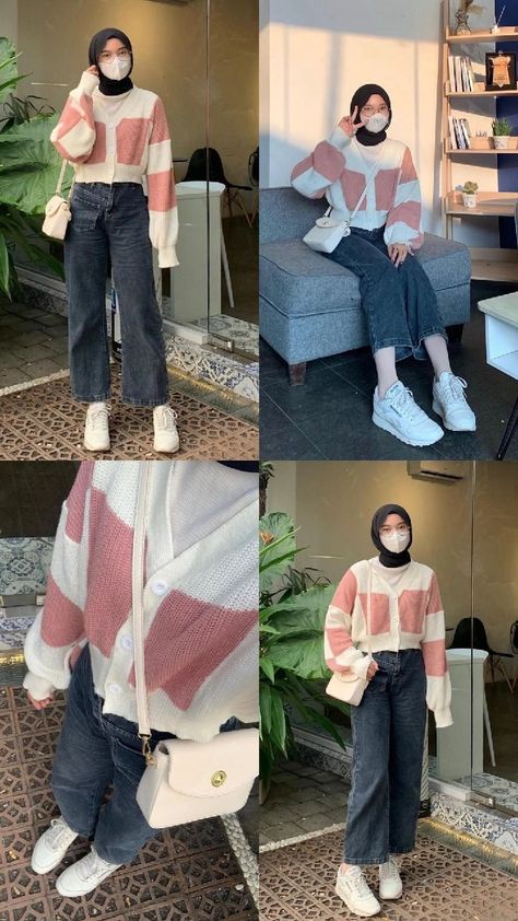 Ootd Cardigan Rajut Hijab, Ootd Crop Top Hijab, Ootd Cardigan Rajut, Ootd Sweater Rajut, Outfit Cardigan Rajut, Outfit Rajut, Crop Top Sweater Outfit, Ootd Korean Style Hijab, Gaun Ruffle