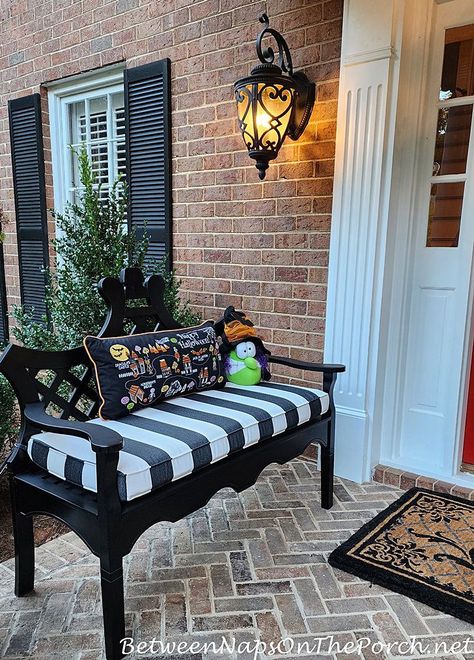 Black White Stripped Cushions on Black Bench, Halloween Porch, Fall Porch Black And White Front Porch Decor, Black Porch Decor, Black And White Front Porch, White Front Porch, Popular Home Decor, Porch Bench, Seasonal Pillows, Monogram Door Mat, Black Bench