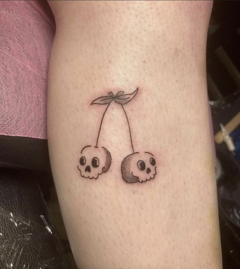 Skull Cherry Tattoo Simple, Small Skull Tattoo For Women, Skull Cherries Tattoo, Small Creepy Tattoos, Ragdoll Tattoo, Cherry Skull Tattoo, Rowan Tattoo, Cute Skull Tattoos, Limitless Tattoo