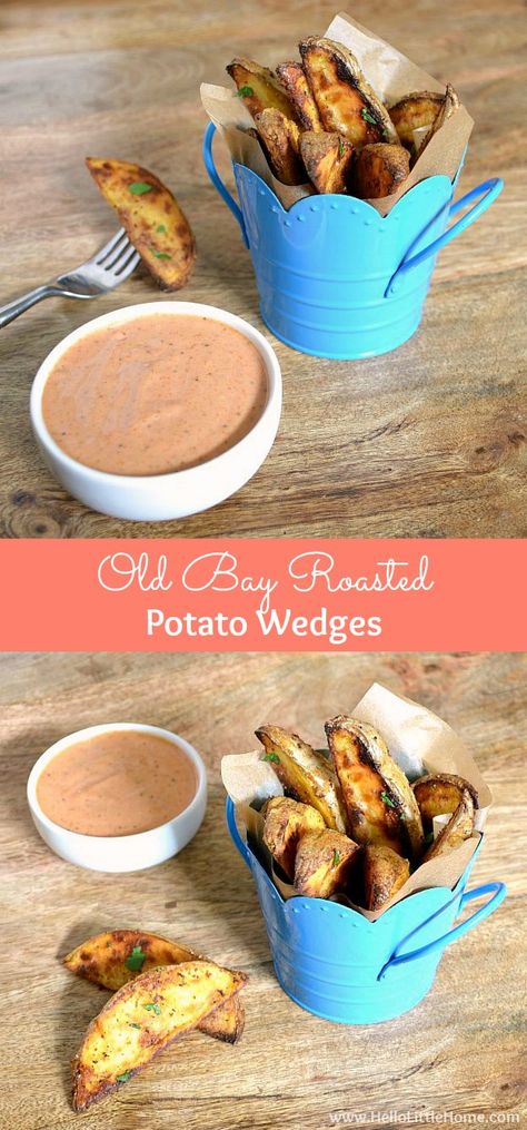 Old Bay Roasted Potato Wedges with a delicious, easy to make dipping sauce… Roasted Potato Wedges, Roasted Potato, Dip Sauce, Recipes For Summer, Home Fries, Vegan Mayo, American Kitchen, Work Meals, Potato Sides