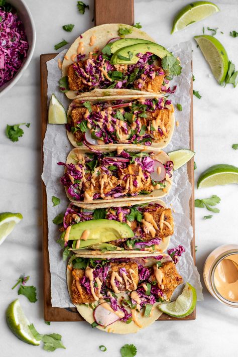 Sir Kensington's | Crispy Baked Fish Tacos with Cilantro Lime Cabbage Slaw Fish Taco Cabbage Slaw, Lime Cabbage Slaw, Fish Tacos With Cabbage Slaw, Mexican Pulled Pork Tacos, Bacon Slaw, Tacos With Cabbage Slaw, Crispy Fish Tacos, Healthy Shrimp Tacos, Cilantro Lime Shrimp Tacos