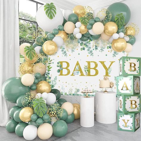 Green Baby Shower Decorations, Sage Green Baby Shower, Baby Backdrop, Green Baby Shower, Jungle Party, Gold Balloons, Green Baby, Neutral Baby, Shower Decorations