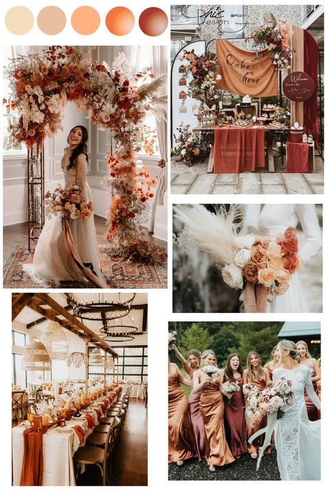 peach, cream, copper and rust fall wedding ideas and inspiration Rust Wedding Ideas, Copper And Teal Wedding, Green And Rust Wedding, Green And Copper Wedding, Best Fall Wedding Colors, Rust Wedding Color, Sunset Wedding Theme, Sunset Wedding Colors, Peach Wedding Theme