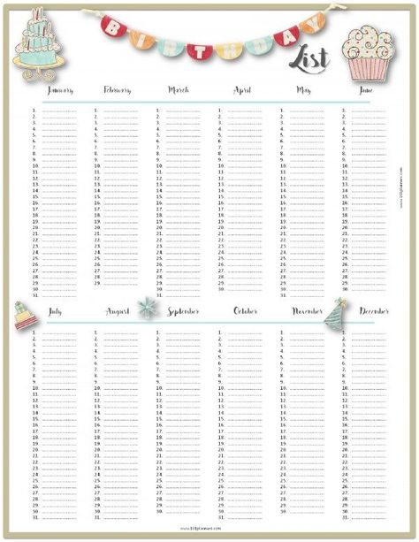 Free Birthday List Template | Customize then Print Birthday List Template, Friendship Things, Gift List Printable, 40th Birthday Wishes, Control Journal, Free Calendar Template, Birthday Freebies, Birthday Labels, Birthday Stuff