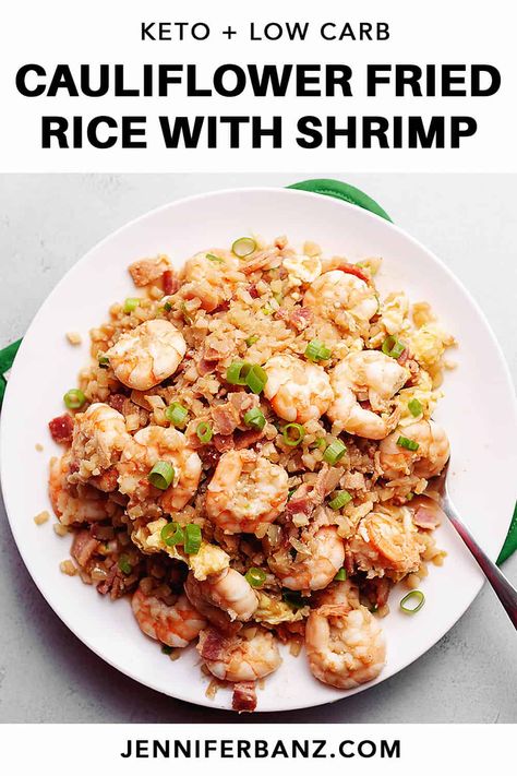 This is not shrimp fried rice from your neighborhood Chinese restaurant. This Cauliflower Fried Rice with Shrimp is the upgraded keto and low carb friendly version that is a sure crowd pleaser that could be made and enjoyed in the comfort of your home.7 Net Carbs Fried Rice With Shrimp, Rice With Shrimp, Cauliflower Fried Rice Recipes, Recipes Vegetables, Cauliflower Fried, Arroz Frito, Easy Cauliflower, Shrimp Fried Rice, Cauliflower Fried Rice