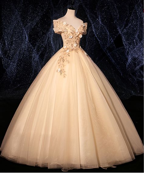 Puffy skirt length 2022 spring banquet dress dress Champagne Quinceanera Dresses Simple, Creme Ball Gown, Cream Ball Gown, Beige Ball Gown, Vestidos Champagne, Champagne Colored Prom Dresses, Gown Butterfly, Debut Dress, Cream Gown