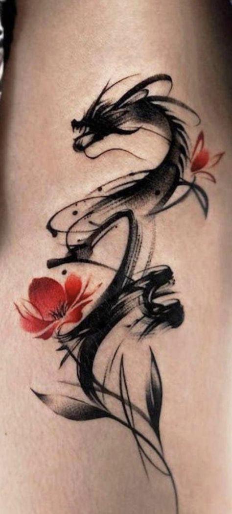 Tattoo Dragon Ideas, Ink Wash Tattoo, Dragon Tattoo With Flowers, Dragon Hand Tattoo, Black Dragon Tattoo, Butterfly Tattoos Images, Diary Art, Asian Dragon Tattoo, Tattoo Hip