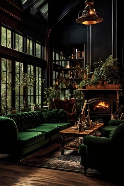 a dark cottage core living room. room in a cabin style set up. a velvet green couch with a antique coffee table between the two. many plants surround the design. a fire place burning making the scene seem warm and cozy. the back wall is all windows showing a forest behind. and theres an antique 19th century carpet. Library With Green Couch, Green Couch Library, Green Room Library, Emerald Green Library, Green Room Ideas Living Room, Dark Academia Couch, Emerald Green Couch Living Room Ideas, Tall Windows Living Room, Emerald Couch